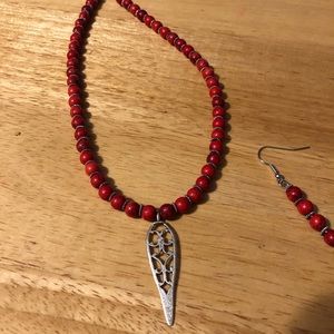Red with black veining bead necklace with matching earrings